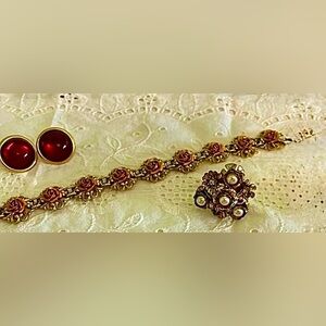 3 Piece Gold Bracelet with Coral Rose Accents, flower ring and red earrings